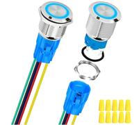 MKBKLLJY 2Pcs 16mm Silvery Self-Locking Push Button Switch DC 12V 5A On Off Stainless Steel Waterproof Blue LED Angel Ring Head for 0.63" Mounting Hole with Wire Socket Plug Wiring Cap for Car Boat RV
