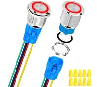 MKBKLLJY 2Pcs 16mm Silvery Self-Locking Push Button Switch DC 12V 5A On Off Stainless Steel Waterproof Red LED Angel Ring Head for 0.63" Mounting Hole with Wire Socket Plug Wiring Cap for Car Boat RV