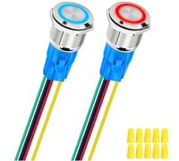MKBKLLJY 2Pcs 16mm Silvery Self-Locking Push Button Switch DC 12V 5A On Off Stainless Steel Waterproof Red/Blue LED Angel Ring Head for 0.63" Mounting Hole with Wire Socket Plug Wiring Cap for Car RV