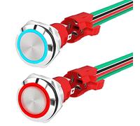 MKBKLLJY 2Pcs Latching Push Button Switch 12V 20A Heavy Duty DC 12V Waterproof Round Switch 19MM Metal Blue/Red LED Ring Illuminated ON/Off Weatherproof for Boat Car Truck with Wire Socket Plug