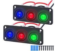 MKBKLLJY 2Sets 3 Gang 3 Pin Rocker Switch Panel 12V 20A Circuit Breaker LED Indicator Waterproof On Off Red+Blue+Green Toggle Switch for Auto Automotive Lights,Car,Marine,Boat,Yacht,Truck,Vehicles