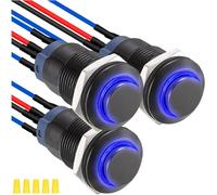 MKBKLLJY 3Pcs 12mm Latching Blue LED Push Button Switch Black Metal Shell IP65 Waterproof 12V 24V 3A DC SPST 2Position Self-locking ON OFF Switch with Pre-wired Wires and Wiring Cap for Car Boat