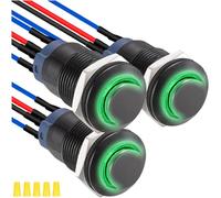 MKBKLLJY 3Pcs 12mm Latching Green LED Push Button Switch Black Metal Shell IP65 Waterproof 12V 24V 3A DC SPST 2Position Self-locking ON OFF Switch with Pre-wired Wires and Wiring Cap for Car Boat