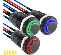 MKBKLLJY 3Pcs 12mm Latching Red/Blue/Green LED Push Button Switch Black Metal Shell IP65 Waterproof 12V 24V 3A DC SPST 2Position Self-locking ON OFF Switch with Pre-wired Wires and Wiring Cap for Car