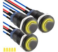 MKBKLLJY 3Pcs 12mm Latching Yellow LED Push Button Switch Black Metal Shell IP65 Waterproof 12V 24V 3A DC SPST 2Position Self-locking ON OFF Switch with Pre-wired Wires and Wiring Cap for Car Boat