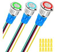 MKBKLLJY 3Pcs 16mm Self-Locking Silvery Push Button Switch Waterproof with 12V Red/Blue/Green LED Angel Ring Head for 0.63" Mounting Hole with Wire Socket Plug Self-Locking,Wiring Cap,For Car Boat RV