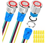 MKBKLLJY 3Pcs 16mm Silvery Self-Locking Push Button Switch DC 12V 5A On Off Stainless Steel Waterproof Red LED Angel Ring Head for 0.63" Mounting Hole with Wire Socket Plug Wiring Cap for Car Boat RV