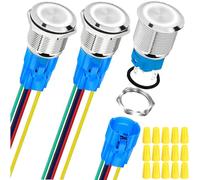 MKBKLLJY 3Pcs 16mm Silvery Self-Locking Push Button Switch DC 12V 5A On Off Stainless Steel Waterproof White LED Angel Ring Head for 0.63" Mounting Hole with Wire Socket Plug Wiring Cap for Car Boat