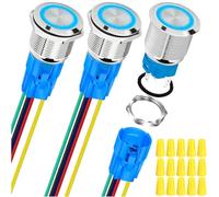 MKBKLLJY 3Pcs 16mm Silvery Self-Locking Push Button Switch DC 12V 5A On Off Stainless Steel Waterproof Blue LED Angel Ring Head for 0.63" Mounting Hole with Wire Socket Plug Wiring Cap for Car Boat RV