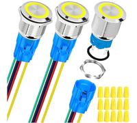 MKBKLLJY 3Pcs 16mm Silvery Self-Locking Push Button Switch DC 12V 5A On Off Stainless Steel Waterproof Yellow LED Angel Ring Head for 0.63" Mounting Hole with Wire Socket Plug Wiring Cap for Car Boat
