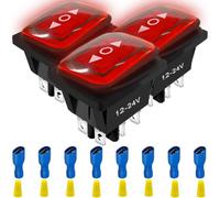 MKBKLLJY 3PCS Momentary Polarity Reverse Switch Waterproof DC 20A 12V Control Rocker Toggle Switch Double Reset 6 Pin (ON)-Off-(ON) KCD4 Red LED Light Illuminated 8PCS Connector Wiring Cap