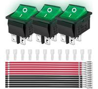 MKBKLLJY 3PCS Rocker Toggle Switch AC 16A 250V/20A 125V DPST 4 Pins 2 Position ON/OFF Green LED Light Illuminated Boat KCD4 Snap In Square Switch 12 PCS Terminal Wire Sheath (6.3mm/0.24inch)