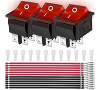 MKBKLLJY 3PCS Rocker Toggle Switch AC 16A 250V/20A 125V DPST 4 Pins 2 Position ON/OFF Red LED Light Illuminated Boat KCD4 Snap In Square Switch 12 PCS Terminal Wire Sheath (6.3mm/0.24inch)