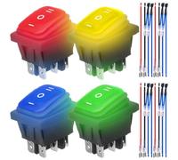 MKBKLLJY 4Pcs Polarity Reverse Switch Waterproof Control 20A 12V DC DPDT 6Pin 3Position ON/OFF/ON LED Rocker Toggle Switch with Jumper Terminal Wires for Car Boat Truck 4Colors (Red/Yellow/Blue/Green)