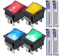 MKBKLLJY 4Pcs Rocker Switch 6 Pins 3 Position ON/Off/ON DC 12V24V 16A DPDT Red/Yellow/Bule/Green LED Light Illuminated Boat KCD4 Rocker Switch Toggle KCD2-203N with Jumper Terminal Wires