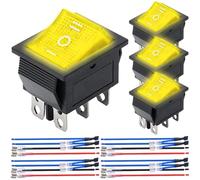 MKBKLLJY 4Pcs Rocker Switch 6Pin 3Position ON/Off/ON DC 12V AC 10A/125V 6A/250V DPDT Yellow LED Light Illuminated Boat KCD4 Rocker Switch Toggle KCD2-203N with Jumper Terminal Wires for Car Boat Truck