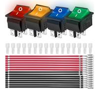 MKBKLLJY 4PCS Rocker Toggle Switch AC 16A 250V/20A 125V DPST 4 Pins 2 Position ON/OFF 4 Colors LED Light Illuminated Boat KCD4 Snap In Square Switch 16 PCS Terminal Wire Sheath (6.3mm/0.24inch)