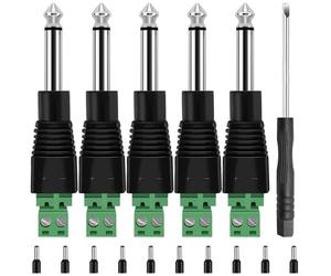 MKBKLLJY 5PCS 1/4" Plugs TS Mono Male Jack Connector 6.35mm Screw Terminal Block Connector 2 Pole Solderless Converter with Slotted Screwdriver E2508 Terminal, for Speaker Guitar Microphone Cables