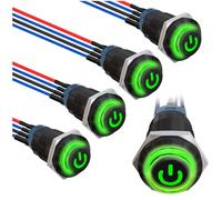 MKBKLLJY 5Pcs 12mm Momentary Green LED Push Button Switch Black Shell with Power Mark LOGO IP65 Waterproof Push Button Switch SPST 2Position ON OFF with Pre-Wiring for Car Marine Boat Truck Equipment