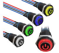 MKBKLLJY 5Pcs 12mm Momentary LED Push Button Switch Black Shell Power Mark LOGO IP65 Waterproof Push Button Switch SPST 2Position ON OFF with Pre-Wiring for Car 5Color(Red/Yellow/Blue/Green/White)