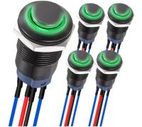MKBKLLJY 5Pcs 12mm Momentary LED Push Button Switch Black Shell with Pre-Wiring IP65 Waterproof Push Button Switch SPST 2Position ON OFF with Green LED for Auto Car Marine Boat Truck Equipment