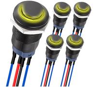 MKBKLLJY 5Pcs 12mm Momentary LED Push Button Switch Black Shell with Pre-Wiring IP65 Waterproof Push Button Switch SPST 2Position ON OFF with Yellow LED for Auto Car Marine Boat Truck Equipment