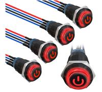 MKBKLLJY 5Pcs 12mm Momentary Red LED Push Button Switch Black Shell with Power Mark LOGO IP65 Waterproof Push Button Switch SPST 2Position ON OFFwith Pre-Wiring for Car Marine Boat Truck Equipment