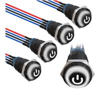 MKBKLLJY 5Pcs 12mm Momentary White LED Push Button Switch Black Shell with Power Mark LOGO IP65 Waterproof Push Button Switch SPST 2Position ON OFF with Pre-Wiring for Car Marine Boat Truck Equipment