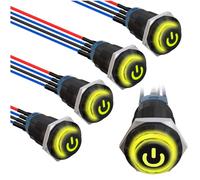 MKBKLLJY 5Pcs 12mm Momentary Yellow LED Push Button Switch Black Shell with Power Mark LOGO IP65 Waterproof Push Button Switch SPST 2Position ON OFF with Pre-Wiring for Car Marine Boat Truck