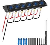 MKBKLLJY 6 Gang 12V Round Rocker Switch Panel Blue LED Light 20A DC SPST 3Pin ON Off Mini Button Circle Toggle Switch Waterproof Aluminum with Terminal Wire Screwdriver for Marine Car Truck