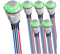 MKBKLLJY 6Pcs 12mm Latching Green LED Push Button Switch DC 12V 3A Sliver Shell 1NO 1Normally SPST IP65 Waterproof Self-locking Round Metal Switch Stainless Steel Button with Pre-Wiring for Car Boat