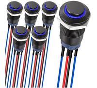 MKBKLLJY 6Pcs 12mm Latching led Push Button Switch Black Shell with pre-Wiring, IP65 Waterproof Push Button Switch,1NO 2 Normally,Self-Locking with Blue LED for Auto Car Marine Boat
