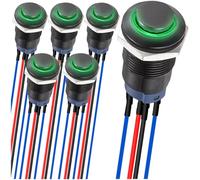 MKBKLLJY 6Pcs 12mm Latching led Push Button Switch Black Shell with pre-Wiring IP65 Waterproof Push Button Switch 1NO 1 Normally Self-Locking with Green LED for Auto Car Marine Boat Medical Equipment