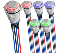 MKBKLLJY 6Pcs 12mm Latching Red/Blue/Green LED Push Button Switch DC 12V 3A Sliver Shell SPST IP65 Waterproof Self-locking Round Metal Switch Stainless Steel Button with Pre-Wiring for Car Boat