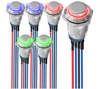 MKBKLLJY 6Pcs 12mm Momentary Red/Blue/Green LED Push Button Switch Sliver Shell DC 12V 3A 4Pin 1NO SPST IP65 Waterproof Round Metal Switch Stainless Steel Button with Pre-Wiring for Car Marine Boat