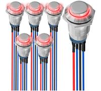 MKBKLLJY 6Pcs 12mm Momentary Red LED Push Button Switch Sliver Shell DC 12V 3A 4Pin 1NO SPST IP65 Waterproof Round Metal Switch Stainless Steel Button with Pre-Wiring for Automotive Car Marine Boat