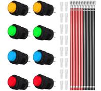MKBKLLJY 8PCS 16mm Momentary Push Button Switch Mini ON OFF 3A 250V AC/6A 125V AC Round Cap Non-Illuminated Red Yellow Blue Green 4 Pin Self-Reset for Car DIY Doorbell 20 PCS Terminal Wire Sheath