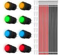 MKBKLLJY 8PCS 16MM Push Button Momentary Switch ON OFF 1.5A 250V AC/3A 125V AC 4 Pin 2 Position Round LED Light Illuminated Red Yellow Blue Green Self-Reset with Terminal Wire Sheath for Car