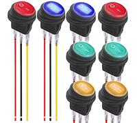 MKBKLLJY 8Pcs Red/Yellow/Blue/Green LED 12 Volt Rocker Switch Waterproof Round Rocker Toggle Switch 12V Lighted ON Off 3 Pin SPST for Car Boat Automotive RV with Locked Terminal Wires 4Color
