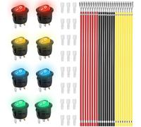 MKBKLLJY 8PCS Round Rocker Switch ON OFF SPST DC 12V 20A 3 Pin 2 Position Snap In KCD1 20mm Mini Red Yellow Blue Green LED Light Illuminated Circle Boat Toggle 24 PCS Terminal Wire(4.8mm)