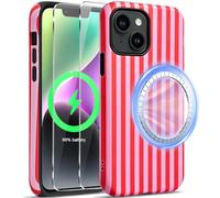 Mkej Magnetic Case Compatible with iPhone 13/14, Case with 2 Pieces Tempered Glass Protective Glass, Aesthetic Striped Pattern Motif Design, Matte PC + TPU Shockproof Mobile Phone Case for Women Girls