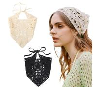mkemka 2Pcs Crochet Bandanas Floral Crochet Hair Bandanas Women's Knitted Triangle Hair Bandana Knotted Headscarf for Women (Beige、Black)