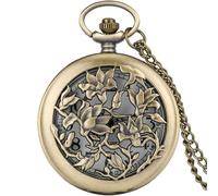 MKEMQXBEP Bronze Hollow Flower Quartz Pocket Watch Necklace Pendant Vintage Sweater Chain