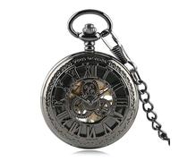 MKEMQXBEP Copper Hollow Gearwheel Cover Hand Winding Mechaincal Pocket Watch with Chain Men Clock Gifts(Black 1PC)