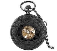 MKEMQXBEP Steampunk Black Handwinding Mechanical Skeleton Pocket Watch Carving Roman Number Timepiece