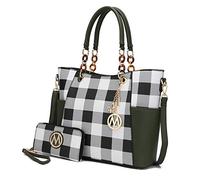 MKF Collection Tote Bag for Women, Handbag Set with Wallet-Top-Handle- Vegan Leather Purse, Checker Olive, L