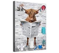 MKHFUW Funny Bathroom Wall Art, Funny Animals Reading Newspapers in the Toilet Canvas Poster for Toilet Bathroom Animals Artwork, Frameless (Highland Cattle, 40 x 60 cm)