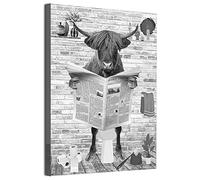 MKHFUW Modern Canvas Wall Art Funny Animals Sitting on the Toilet, Newspaper Pictures Reading Bathroom Bedroom Poster, Frameless (Highland Cattle, 20 x 30 cm)