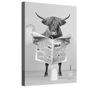 MKHFUW Newspaper Dog Giraffe Lion Bear Scottish Highland Cow Black and White Wall Art Canvas Bathroom Decorative Wall Painting, Frameless (Highland Cow, 20 x 30 cm)