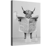 MKHFUW Scottish Highland Cow Wall Art Black and White Canvas Picture Cottage Bathroom Decorative Cow Wall Picture in Bathtub, Frameless(Reading Cinder,50 x 70cm)